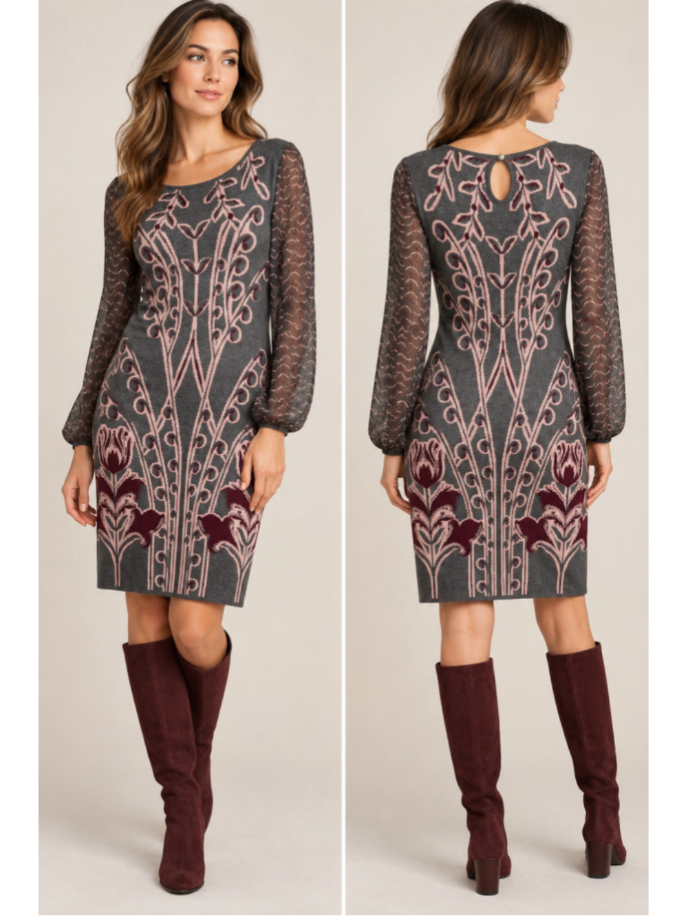 Anthropologie Knitted & Knotted Saone Sweater Dress M Floral Sheer Sleeve